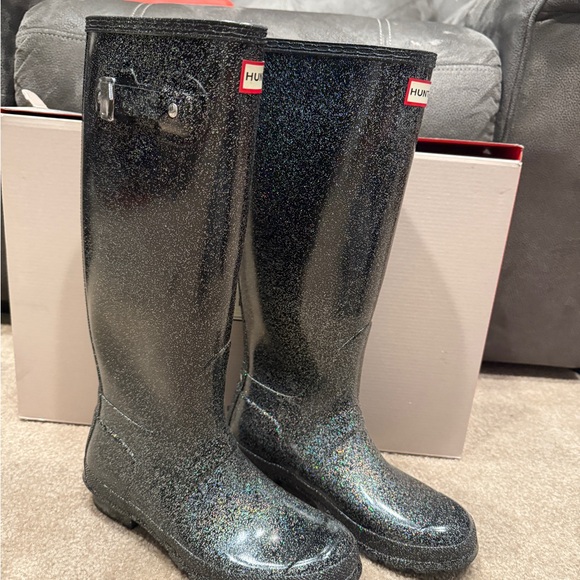 Hunter Sparkly Black Tall Rain Boots - Picture 1 of 6